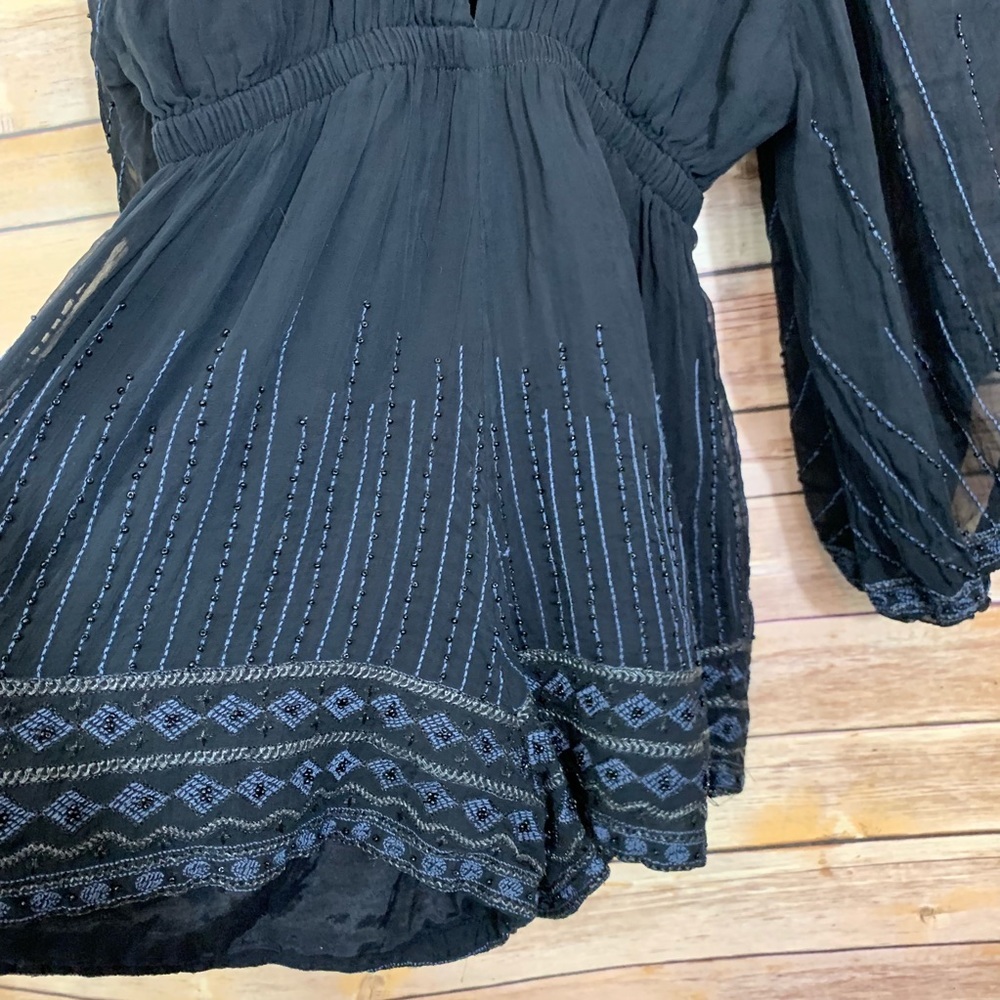 Free People Boho Black Beaded Long Sleeve Romper - image 3